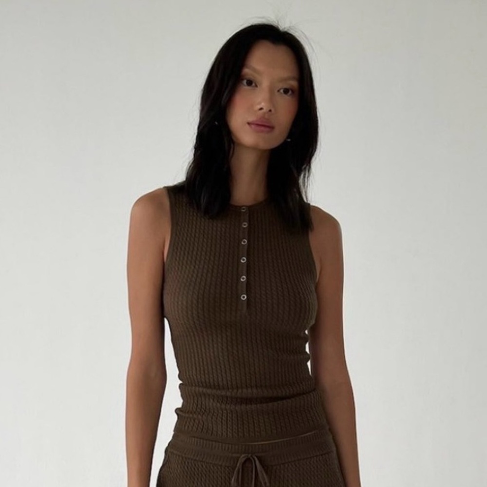 WeWoreWhat Brown Henley Muscle Tank Top